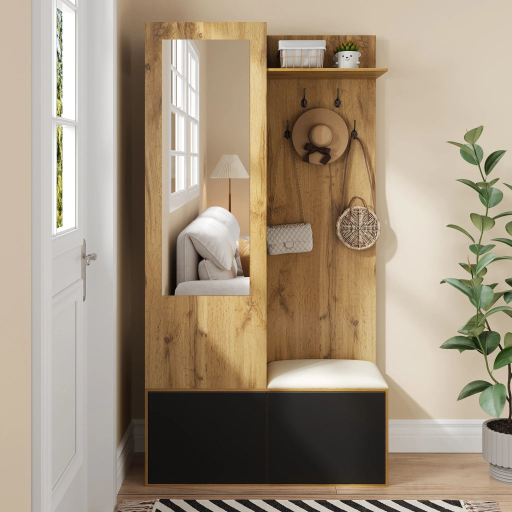 Mobile da ingresso con 2 Ante; 5 Ganci; Specchio e Panchina; per Ingresso; in MDF; 100×38×191 cm; Nero