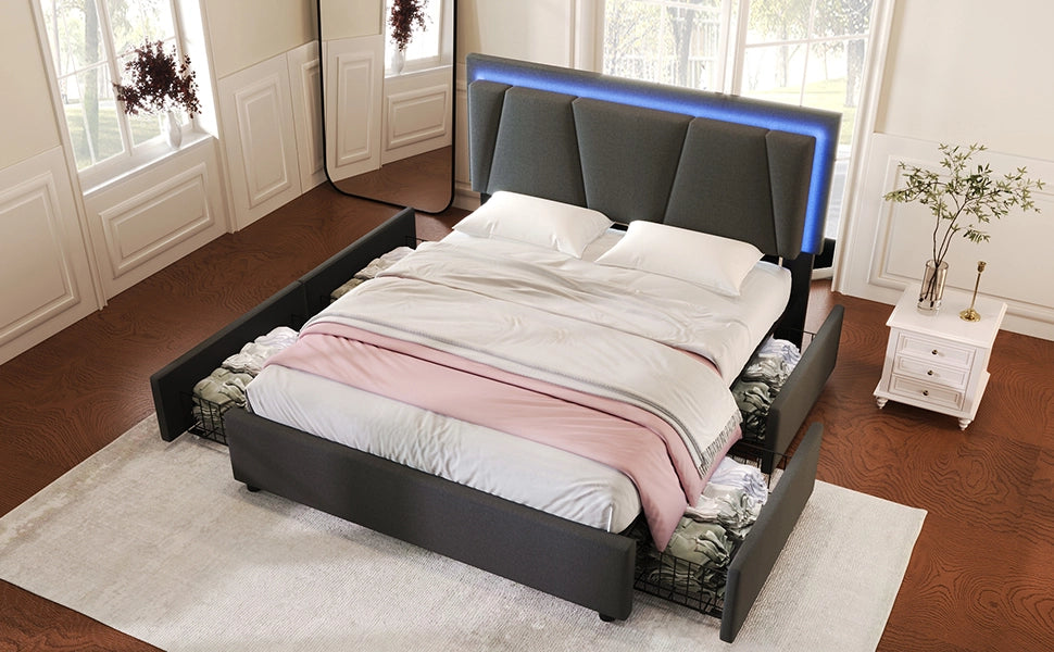 Letto matrimoniale 160 × 200 cm con LED, testiera regolabile e 4 cassetti, senza materasso, grigio