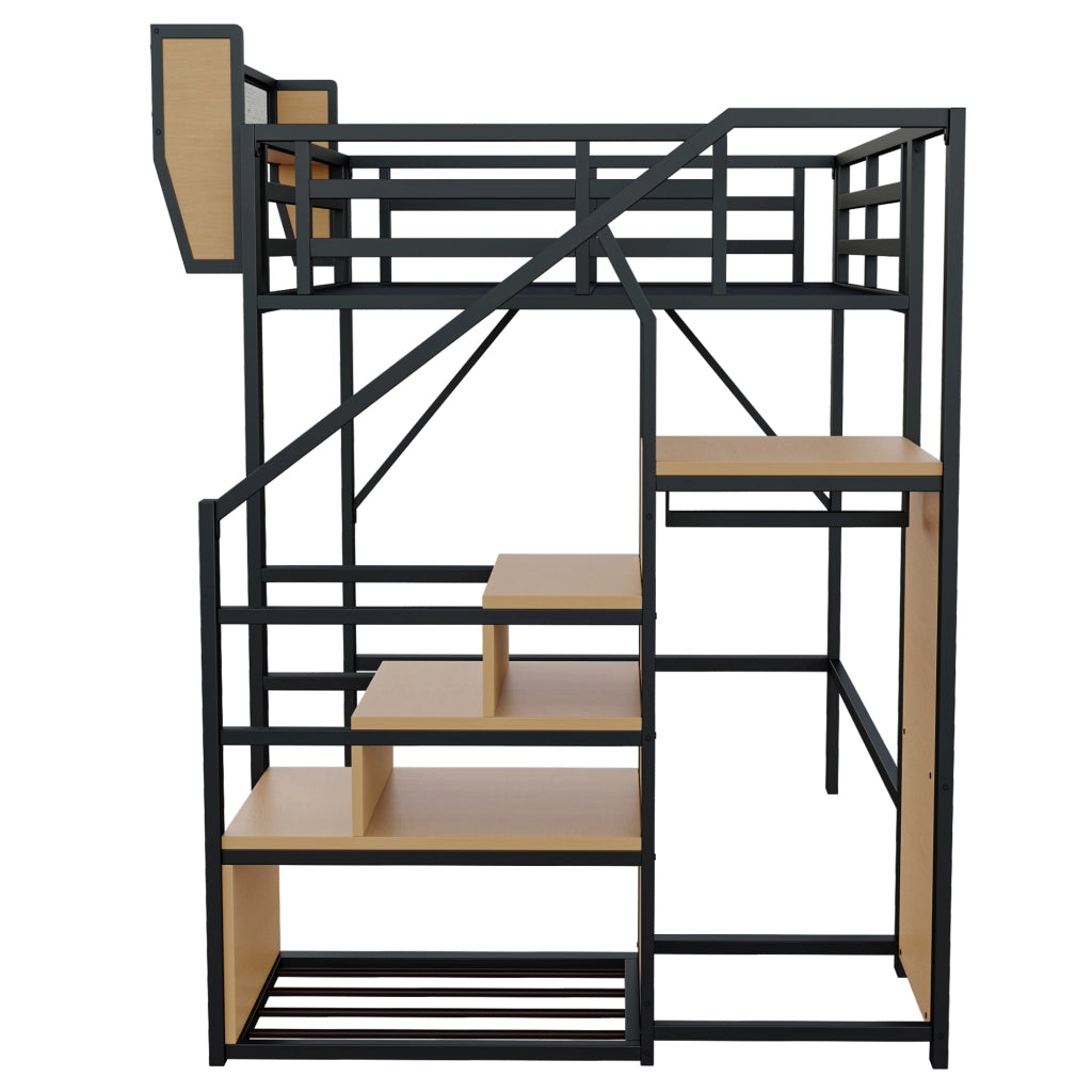 DESMIU Letto a soppalco 140 × 200 cm 2 posti con scala di sicurezza e ripiano rimovibile, senza materasso, nero