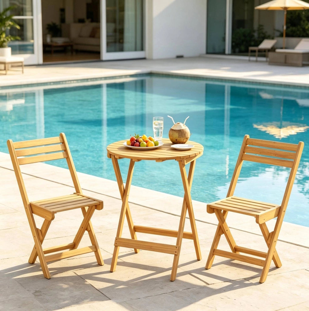 Set bistrot pieghevole da esterno con tavolo Ø 60 cm e 2 sedie in legno di acacia naturale
