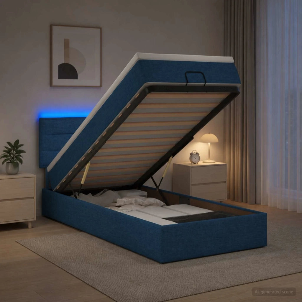 Letto Ottomano con Materasso e LED Blu 100 x 200 cm Tessuto 3456807