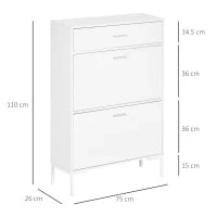 Mobile Scarpiera Moderno per 12 Paia di Scarpe con 2 Ante a Ribalta e Cassetto, 76x26x110 cm, Bianco