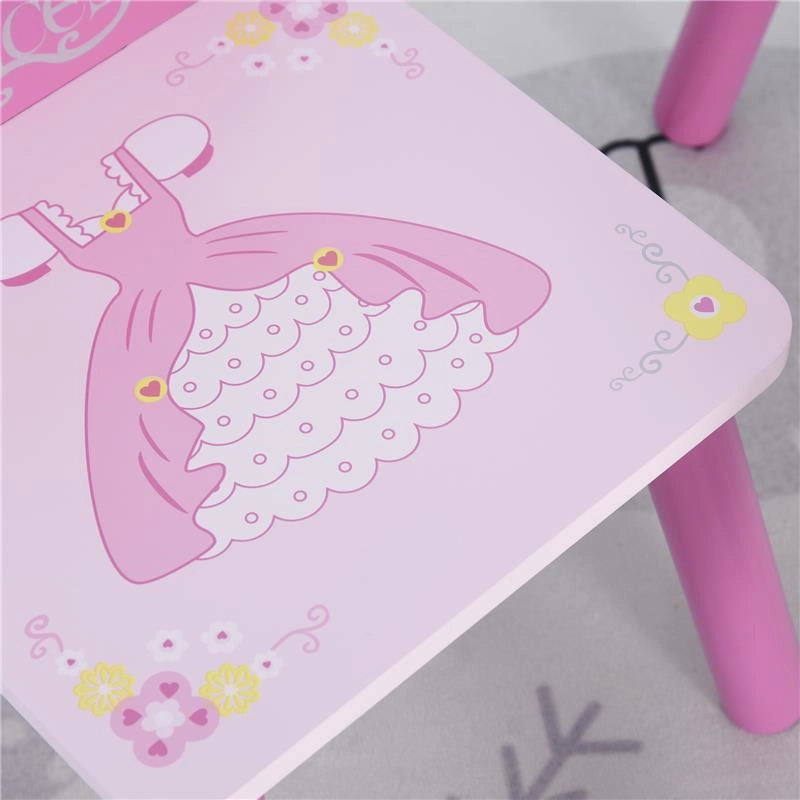 SET TAVOLO E 2 SEDIE TEMA PRINCIPESSE PER CAMERETTA BAMBINI IN LEGNO ROSA