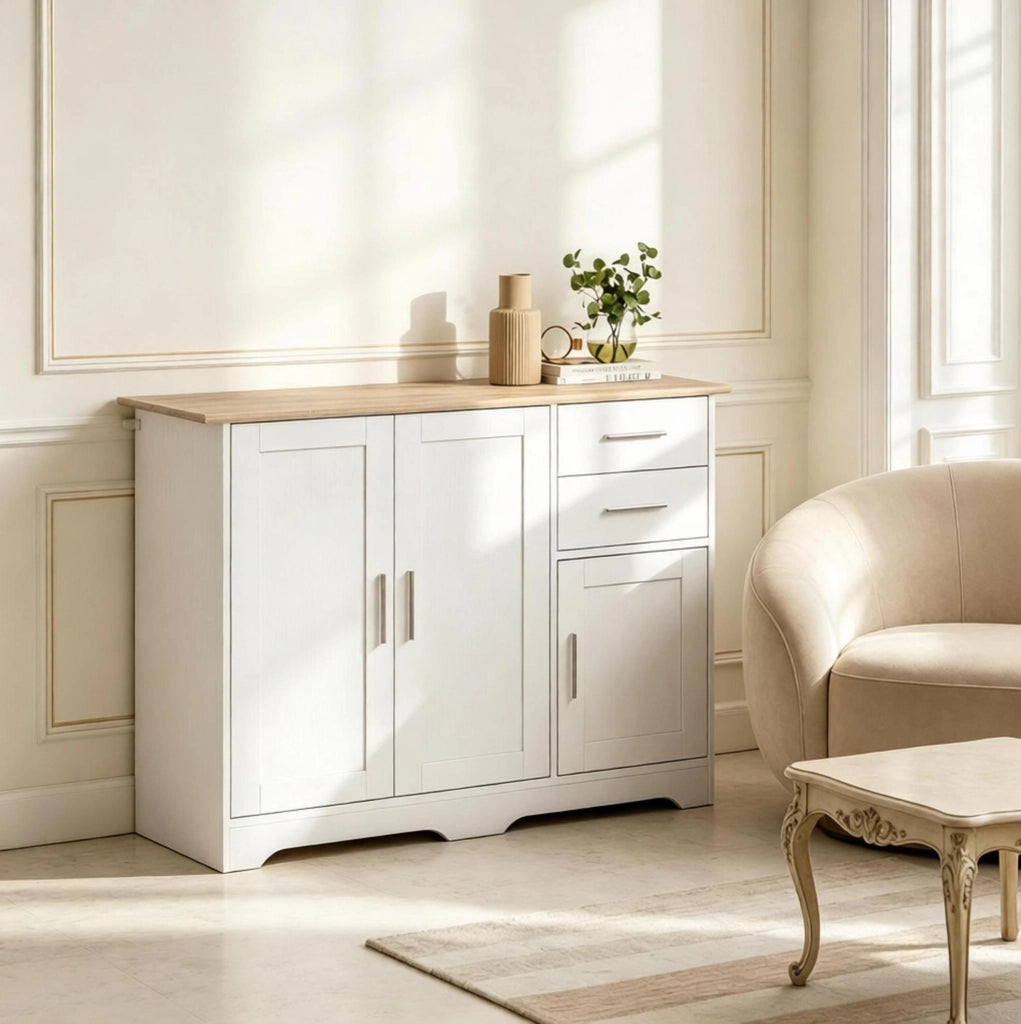 Credenza con 2 cassetti e ripiano regolabile 100x40x78 cm bianco e legno naturale