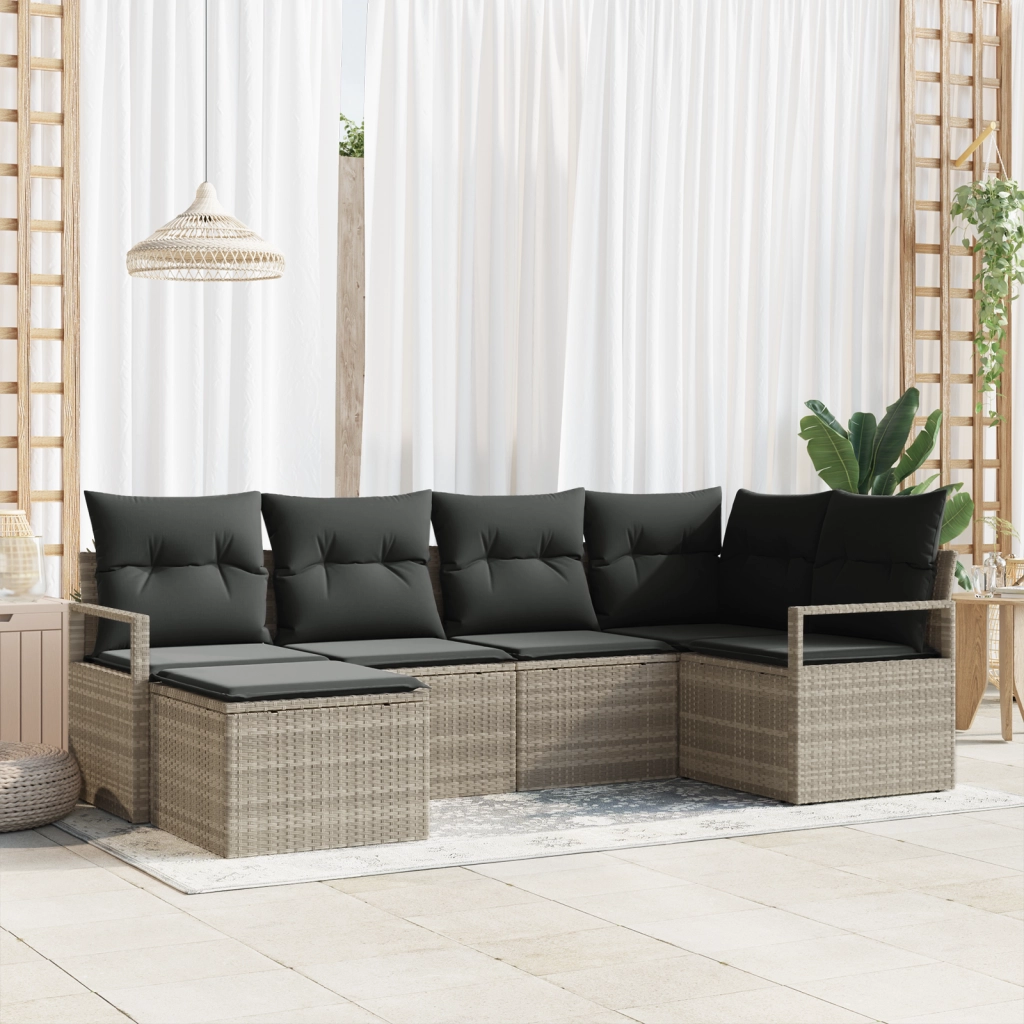 Set divano da giardino modulare da 6 pezzi con cuscini grigio chiaro rattan poli