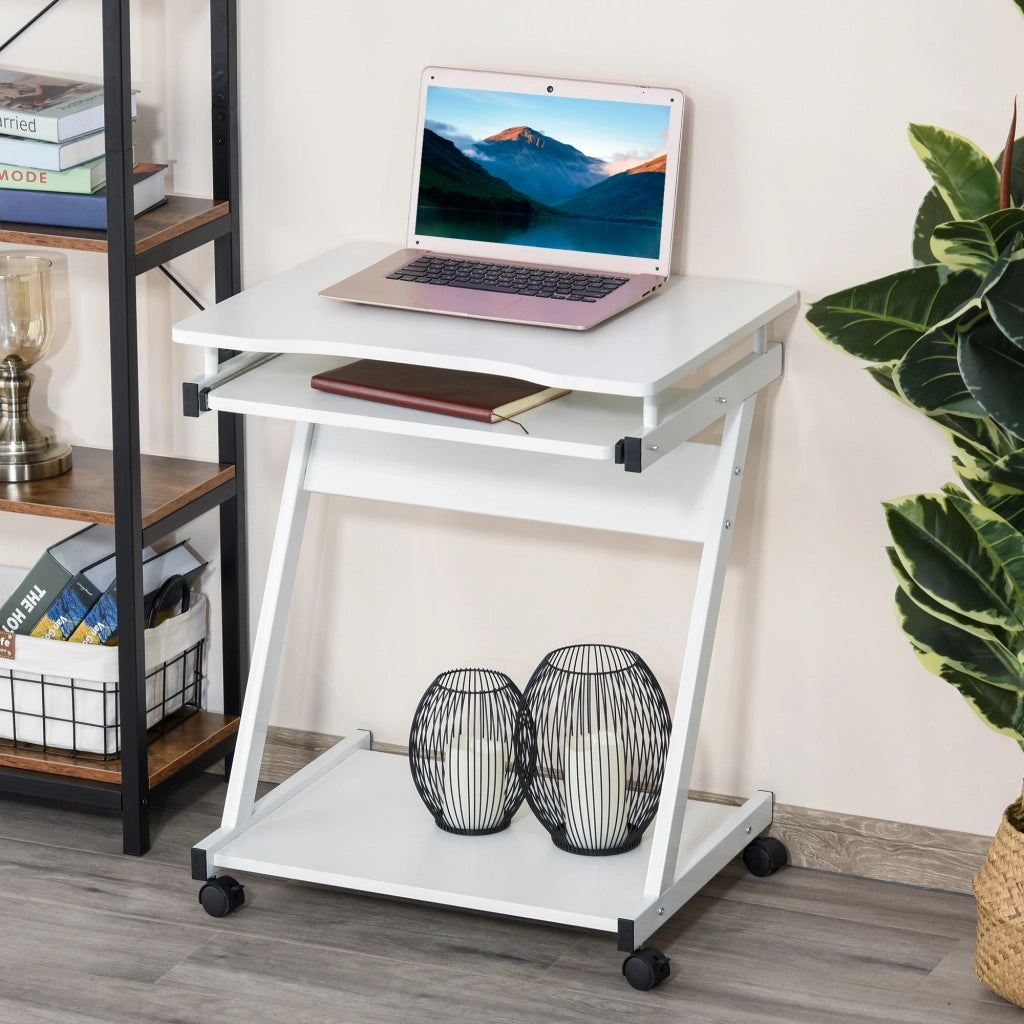 EasyComfort Tavolo Porta PC Classico e Salvaspazio, Piano Tastiera a Scomparsa, 4 Ruote e Ripiano Inferiore Bianco 60x48x73cm