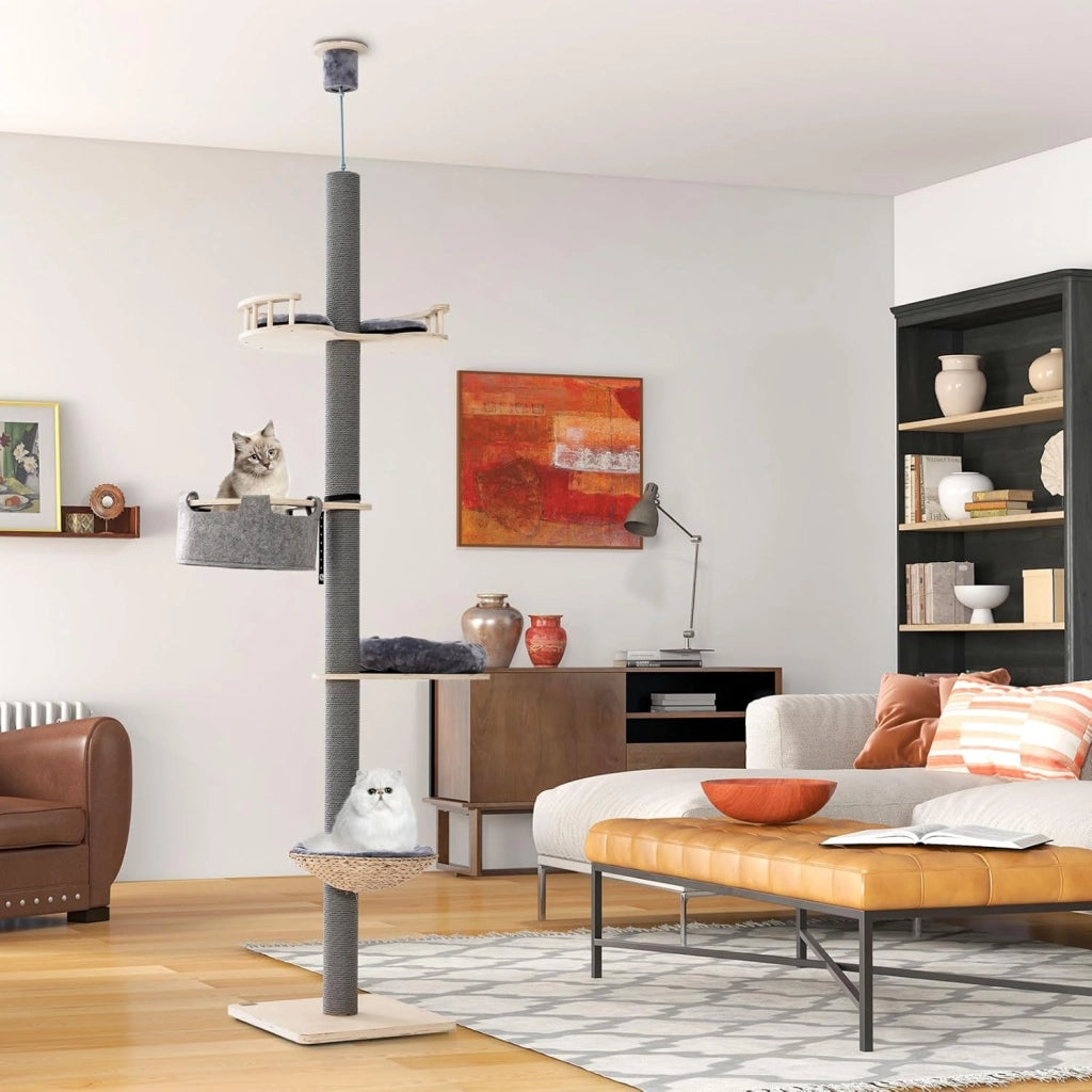 Albero per Gatti da Pavimento a Soffitto con Altezza Regolabile da 236 a 271 cm, Torre per Gatti in Legno a 5 Piani con Amaca, Letto e Cesta e Tiragraffi