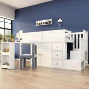 Letto a soppalco 90x200 cm con scrivania estraibile e armadi in MDF bianco