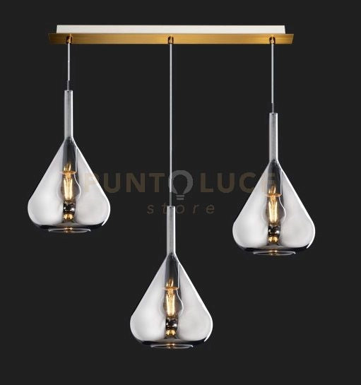 SOSPENSIONE OTTONE SAT. 3 LUCI RETTANGOLARE VETRI FUME 1177OS-S3 R-FU