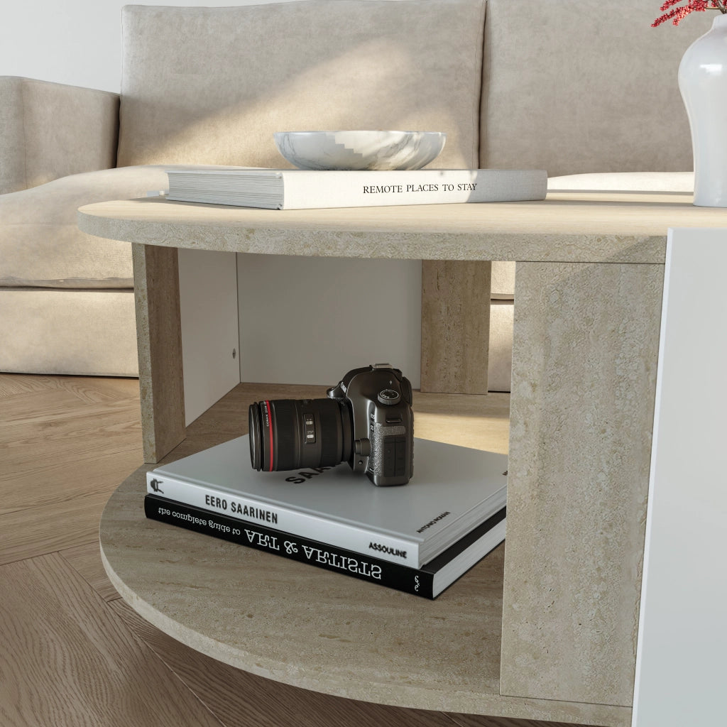 Tavolino Centrale da Salotto Klipsari con Piano Curvo 75 x 75 x 40 cm - Bianco / Color Avorio Travertino [en.casa]
