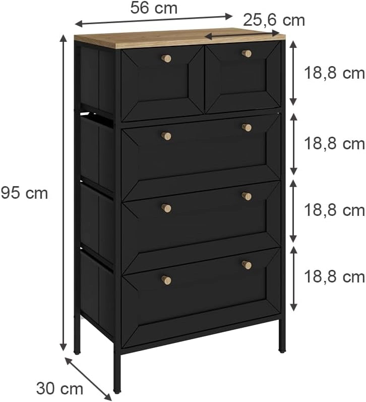 Cassettiera Belaro, Nero, 56 x 95 cm con 5 cassetti, adatto per riporre abbigliamento e accessori