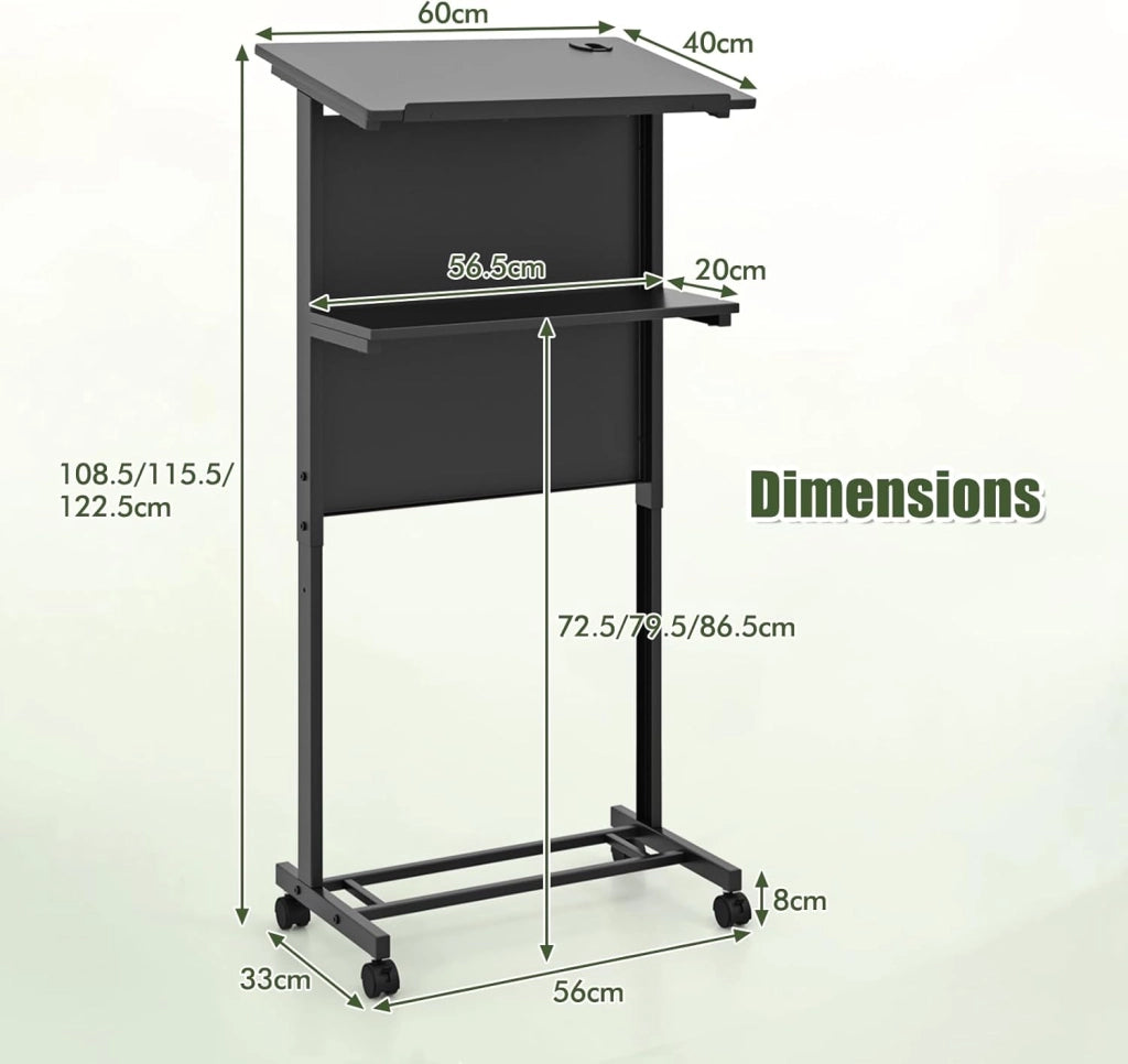 Leggio con rotelle per computer portatile con regolazione in altezza e ripiani, per aule, discorsi, nero, 60 x 39,5 x 122,5/115,5/108,5 cm