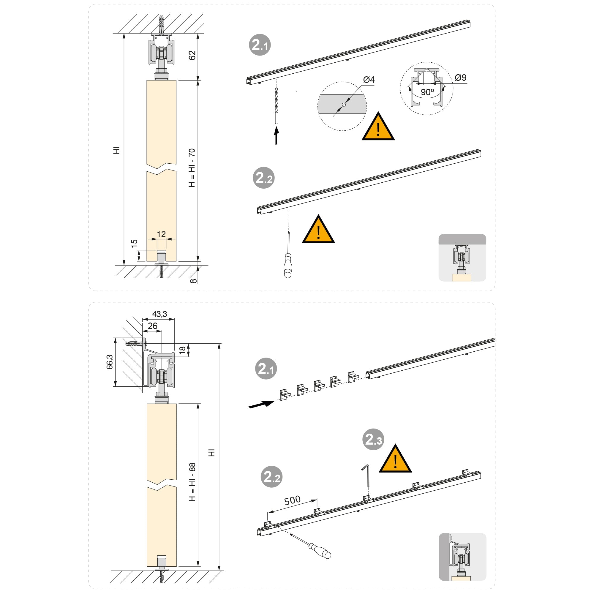 Binario per Porte Scorrevoli con Kit di Accessori 200 cm in Alluminio Emuca