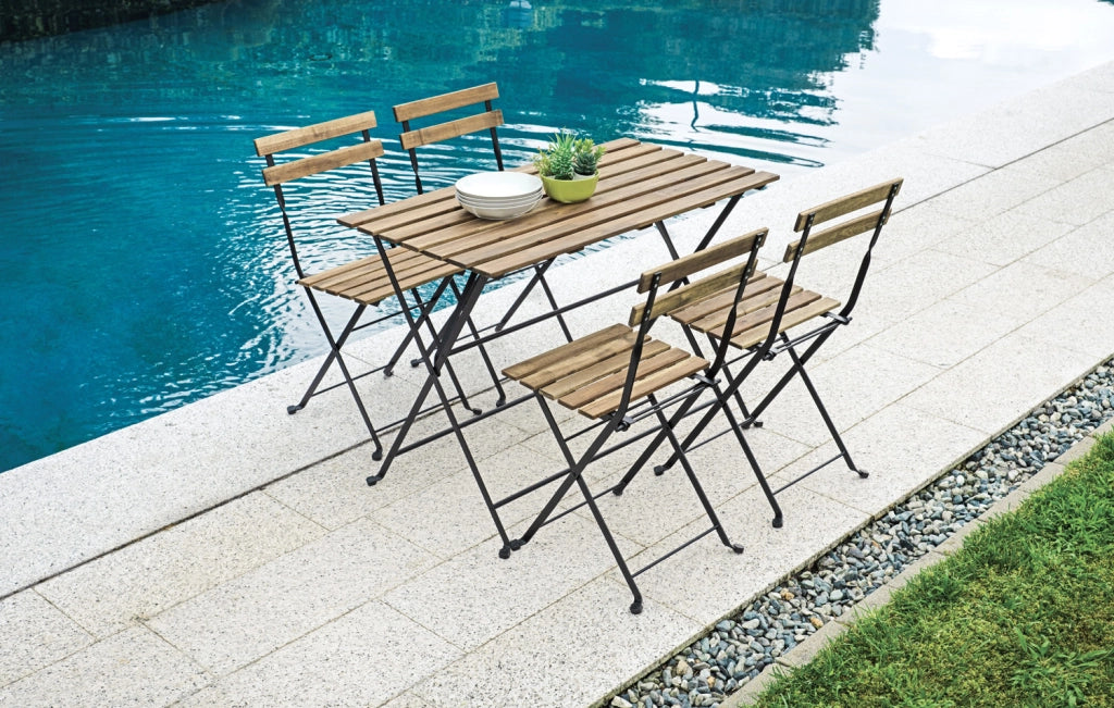 Cheonda - Set Bistrò In Ferro E Acacia Fsc Scura - 4 Sedie E Un  Tavolo 100X54 Cm 2 Pz