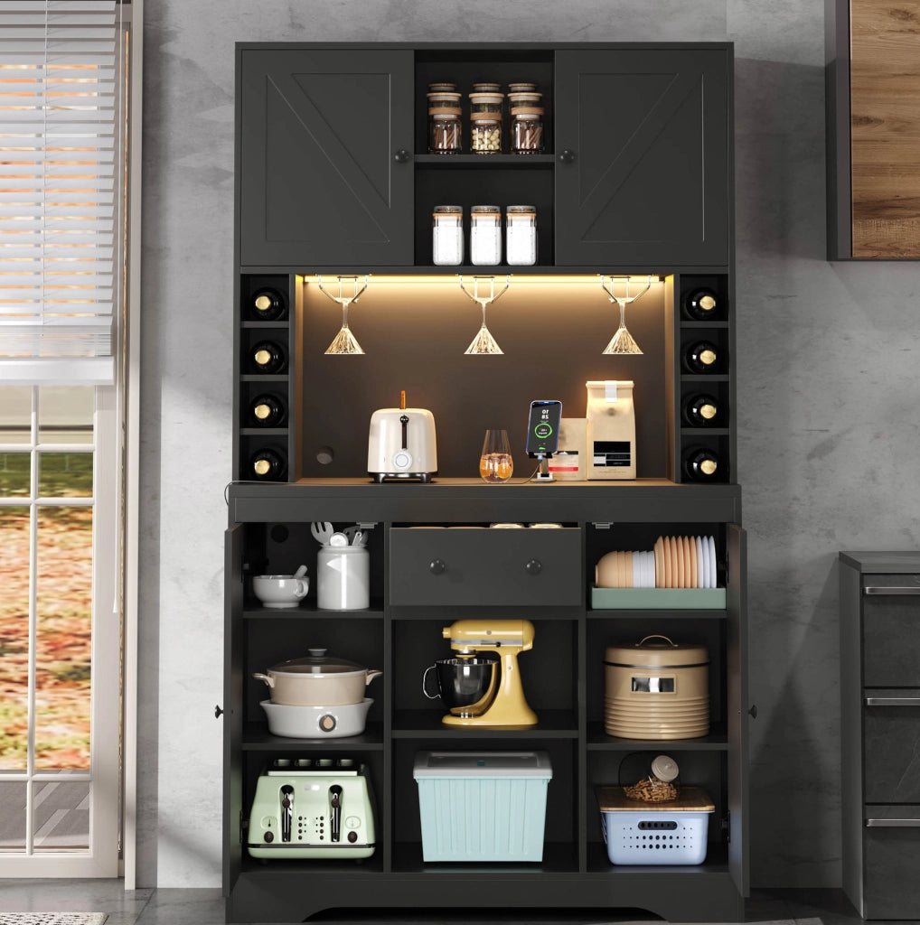 Buffet da cucina alto 180x105x40 cm nero in truciolare con LED; prese e portabicchieri
