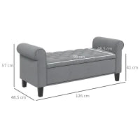 Panca Fondo Letto in Tessuto Vellutato con Spazio Portaoggetti e Braccioli, 126x48.5x57 cm, Grigio