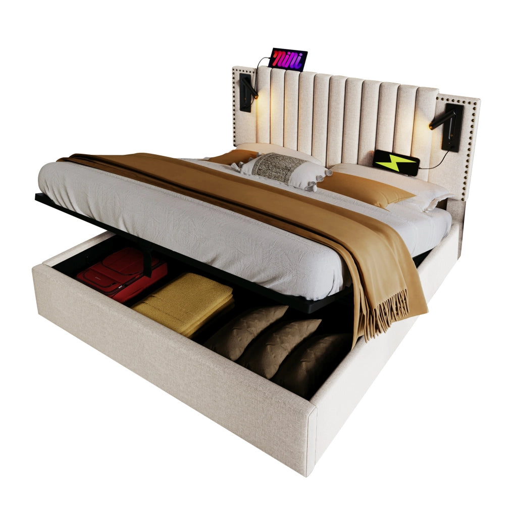 Letto matrimoniale 160x200 cm con contenitore; testiera regolabile con luci da lettura e porte USB; beige