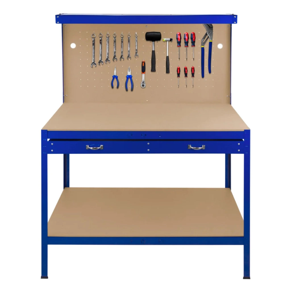 Banco da lavoro con cassetti multiuso da 120 cm con luce LED ripiani e opzioni di stoccaggio intelligenti per garage, officine e magazzini - Capacità di carico 200 kg - Blu