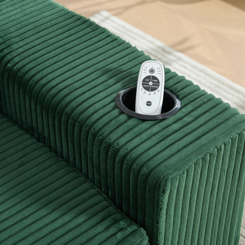 Divano pouf in velluto a coste con 2 cuscini e tasche laterali; 151x133x64 cm; smeraldo
