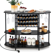 Credenza con portabottiglie per 21 bottiglie, Tavolo da cucina stretto con 2 porte USB e 2 prese, Portabottiglie a 3 livelli con portabicchieri, Tavolo portavino industriale Armadietto per
