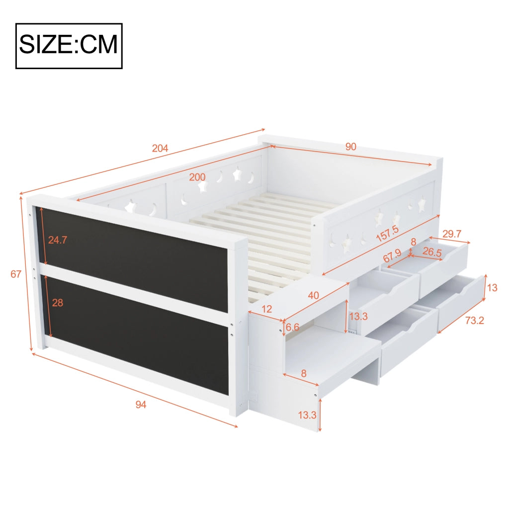 Letto singolo per bambini 90x200 cm in legno bianco con sponde traforate; cassetti e LED
