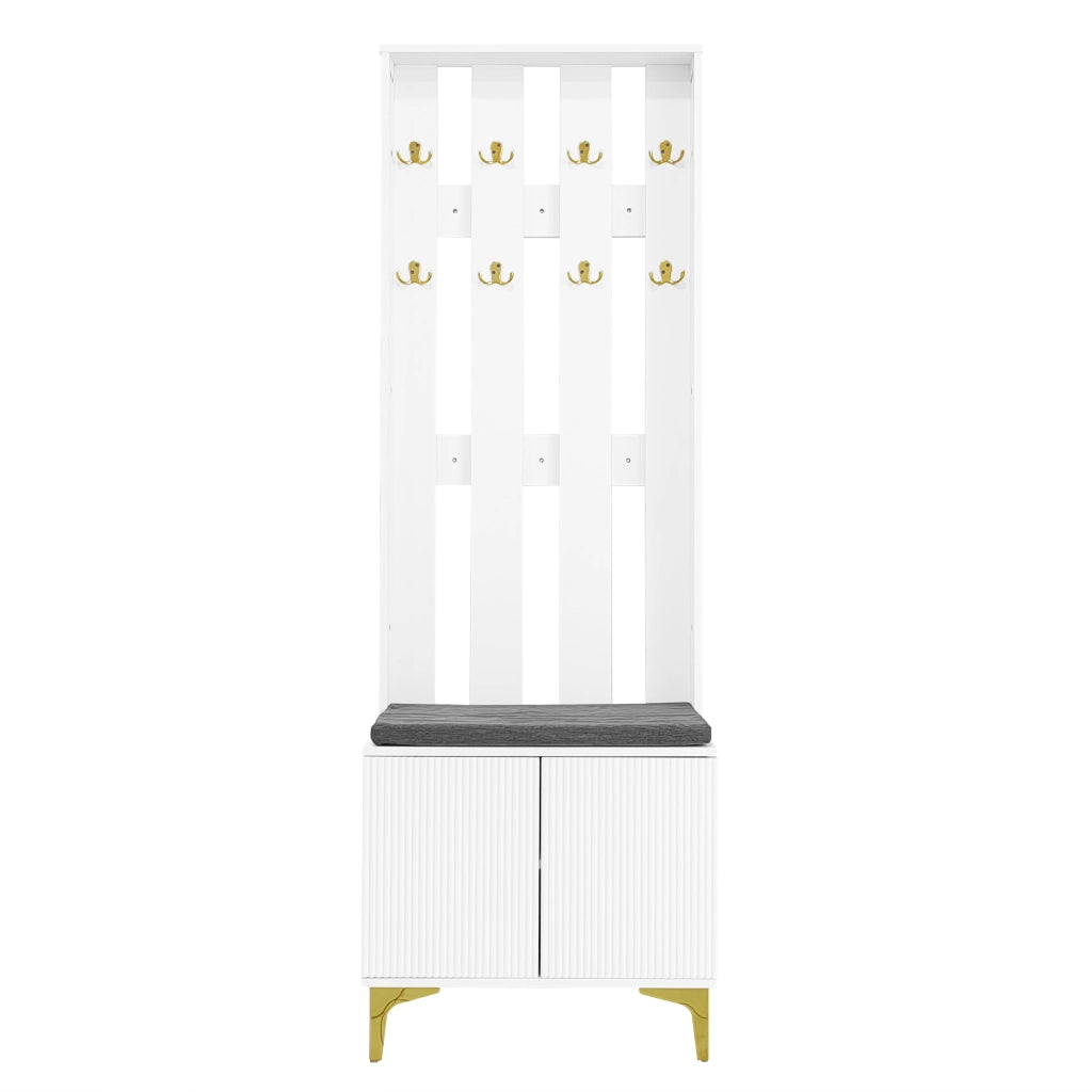 Mobile Ingresso con Panca Scarpiera 2 Ante; Push-to-Open; Ripiani Regolabili; Bianco; in Pannello truciolare; 60;5×35;2×180;5 cm