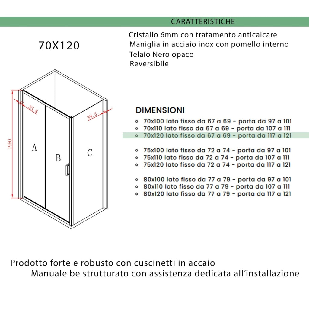 Box doccia due lati apertura scorrevole profili neri 6mm h195 agata, misura 70x120