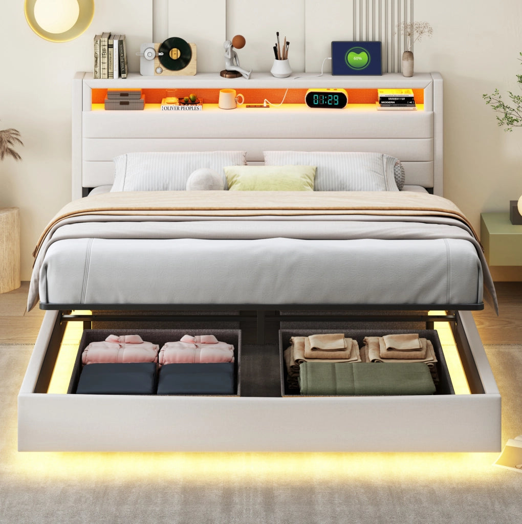Letto imbottito 160 x 200 cm beige con contenitore idraulico, USB e LED