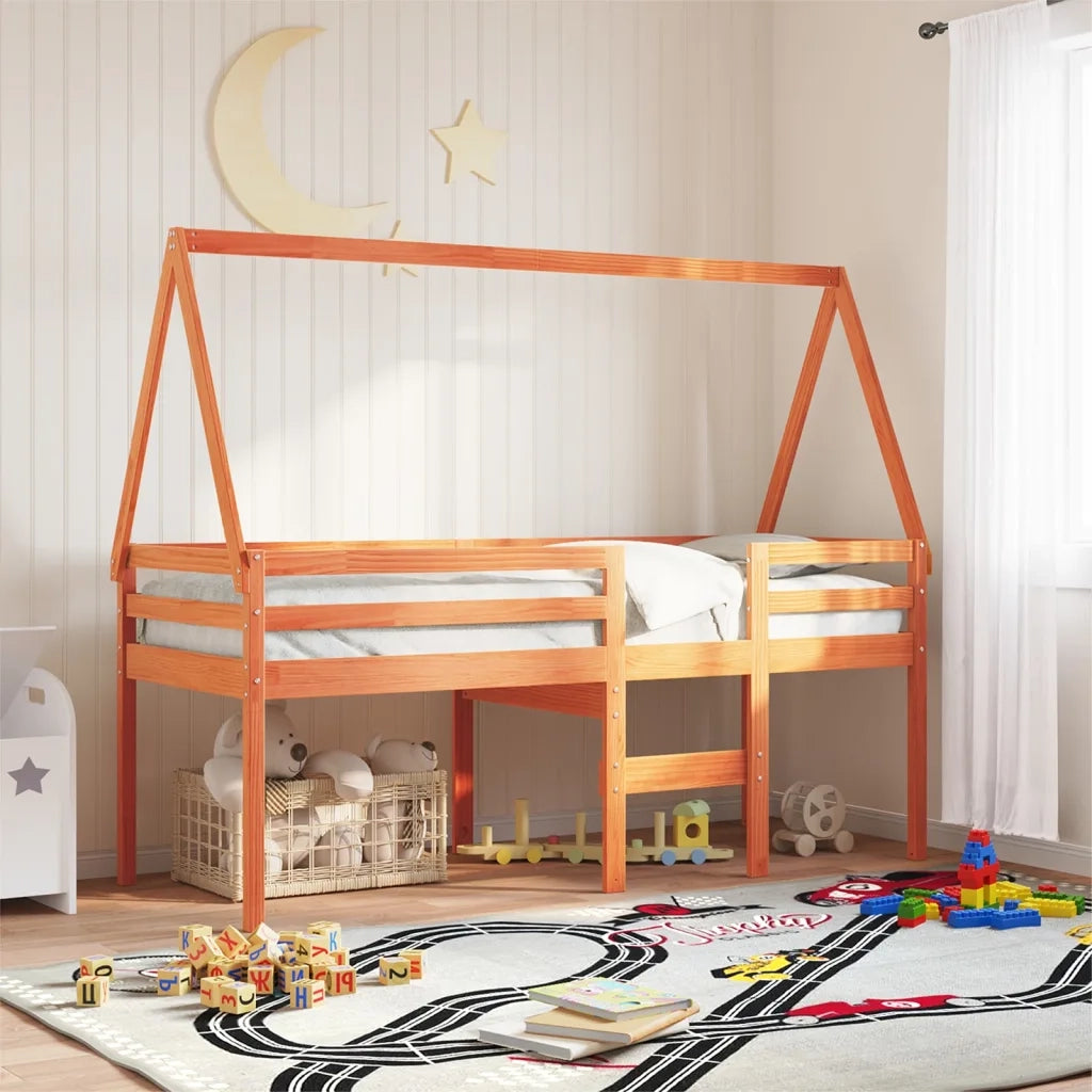 Letto singolo | Letto per adulti | Letto a Soppalco con Tetto Marrone Cera 90x200 cm Legno di Pino
