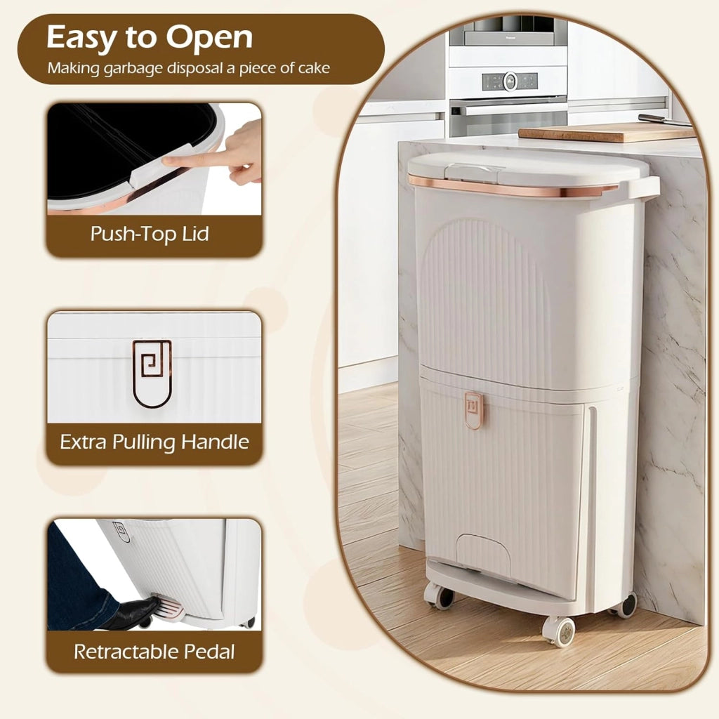 Pattumiera da cucina a 3 scomparti, 38 l, pattumiera con ruote, pattumiera a pedale con coperchio, pedale e manico, a doppio piano, in plastica, sistema di raccolta differenziata della