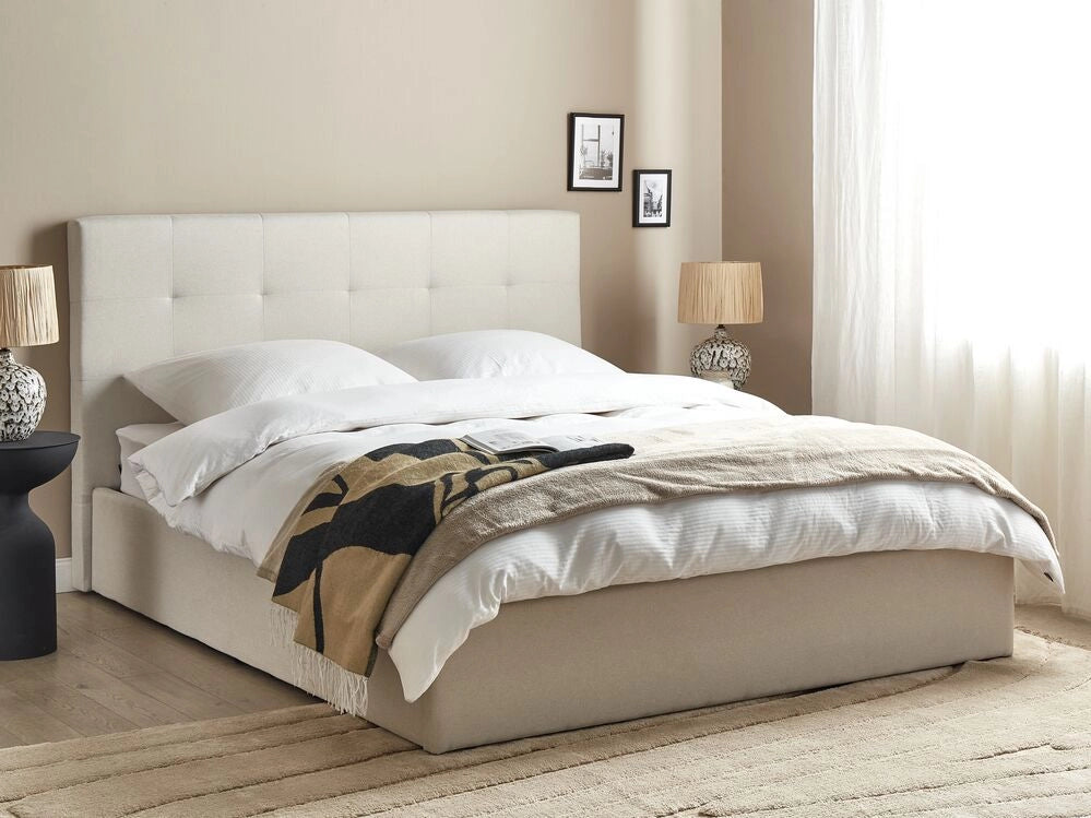 Letto matrimoniale con contenitore portaoggetti e testiera imbottita 160x200 cm in tessuto di poliestere stile moderno
