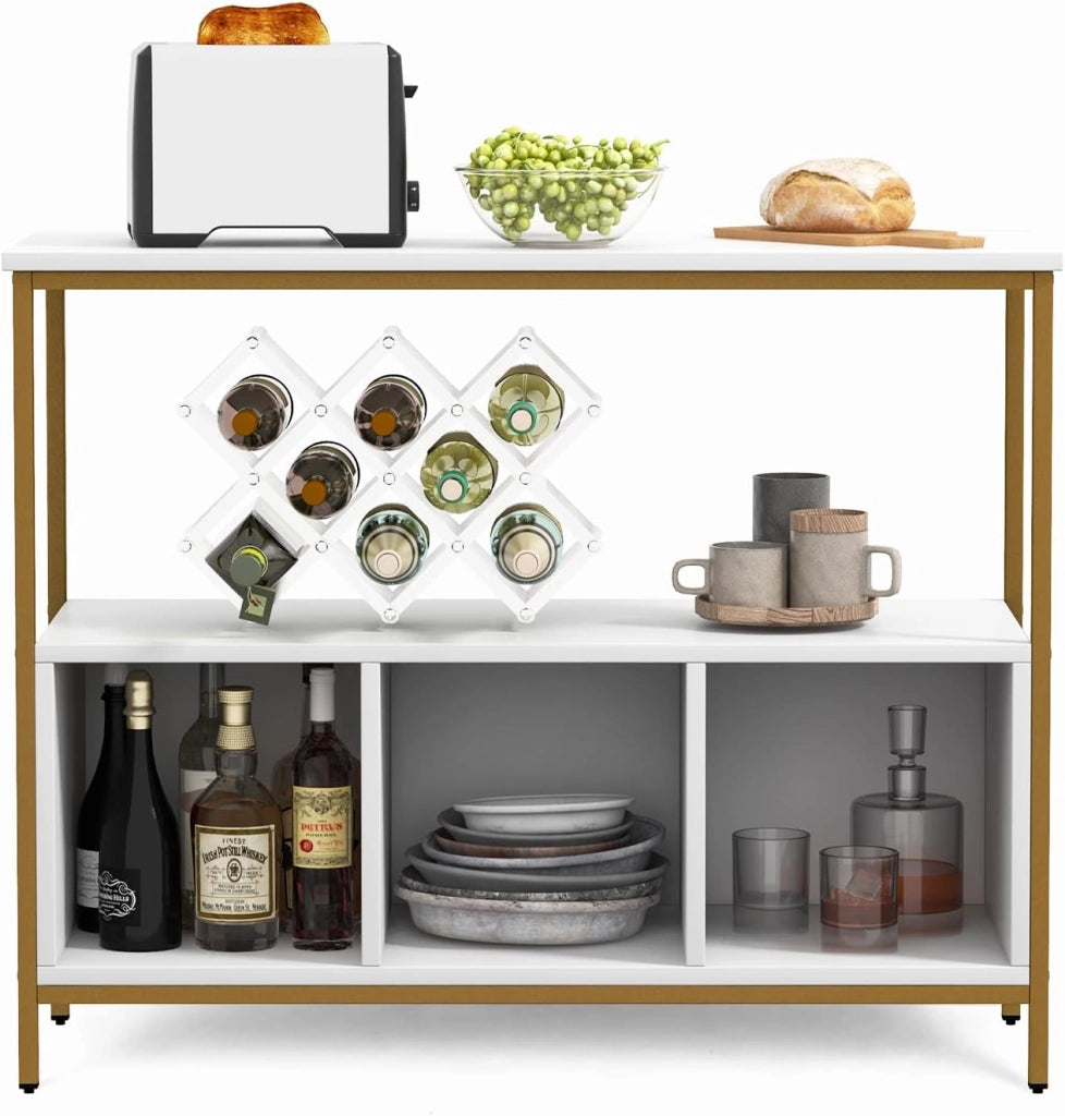 Credenza da cucina, armadio portaoggetti basso con ampio piano di lavoro, grande ripiano aperto, 3 scomparti, per cucina, sala da pranzo (bianco)