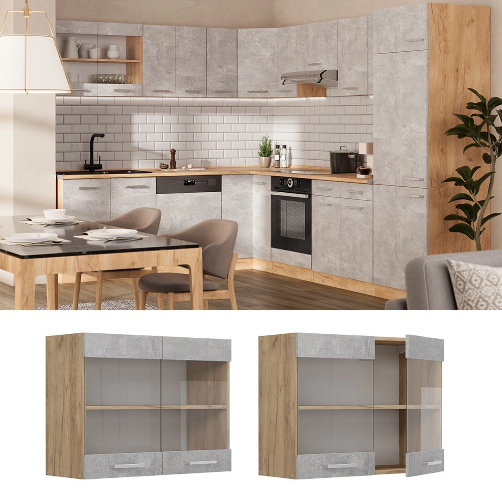 Mobile da cucina in vetro R-Line Calcestruzzo/Rovere dorato 80 cm Vicco