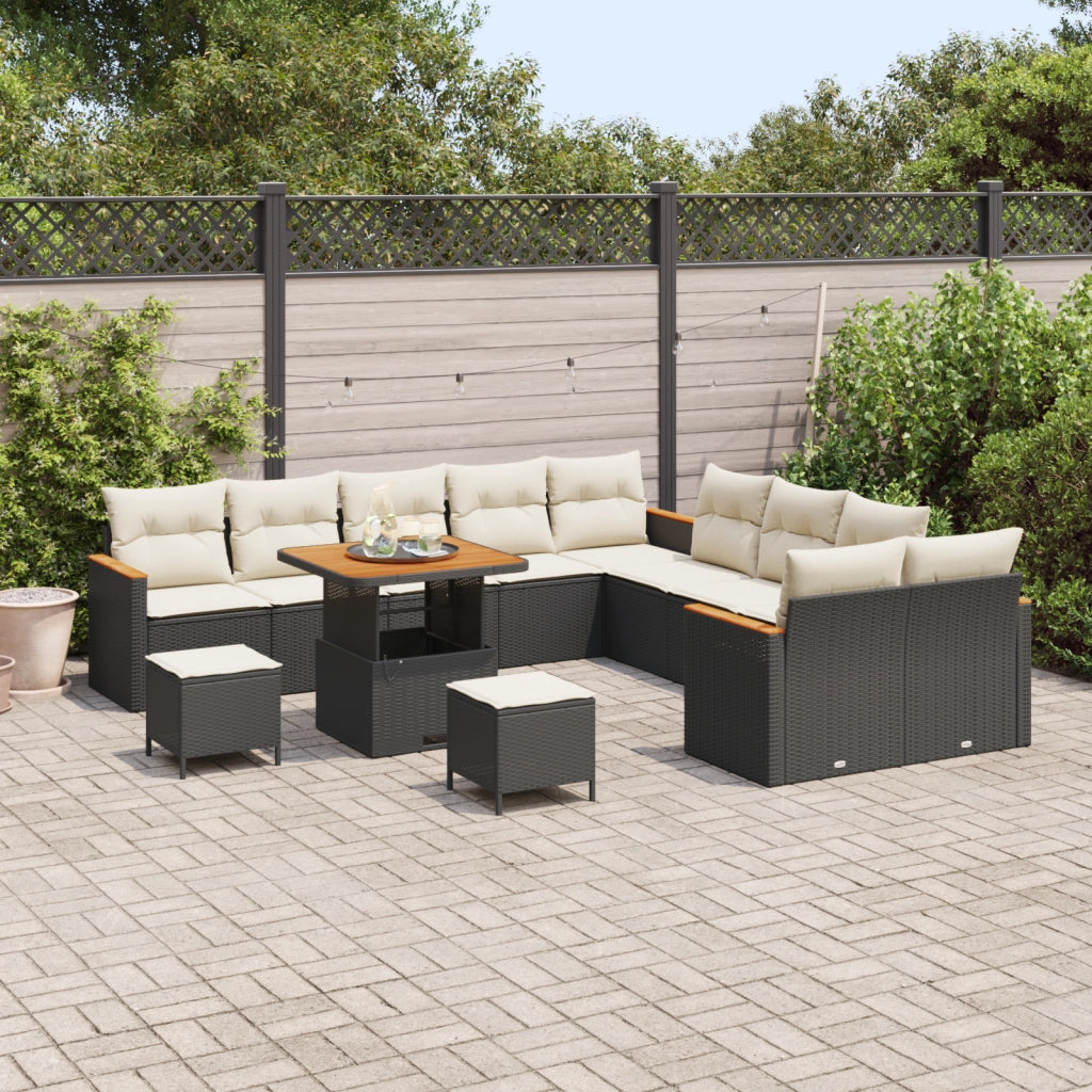 Set di divani da giardino da 13 pezzi con cuscini in polirattan nero e acacia