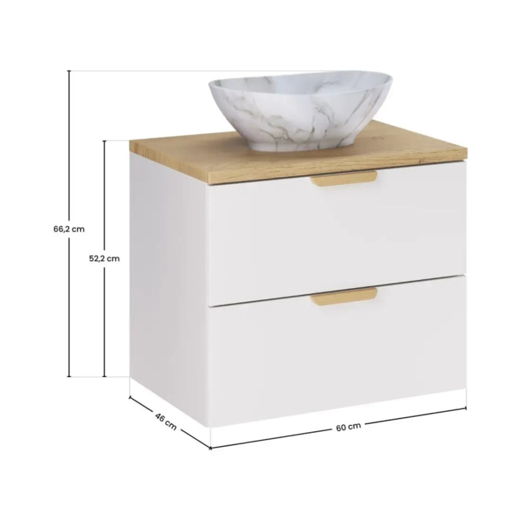 Set da bagno OSTER 60cm: mobile basso con cassetti + piano per lavabo + lavabo da appoggio bianco marmorizzato
