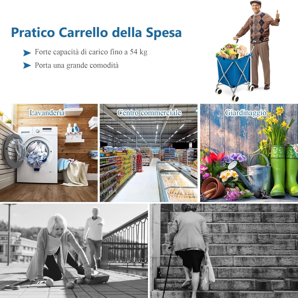Carrello Spesa Pieghevole con Ruote, Carrello Portaspesa con Fodera in Tessuto Oxford Rimovibile e Impermeabile, 90L, Capacità di peso 55 kg (Blu)