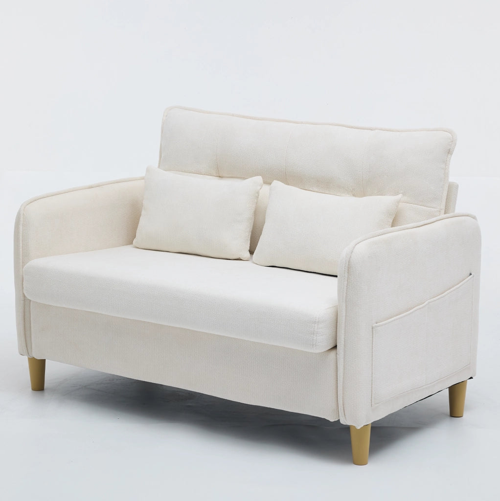 Divano 2 posti in tessuto chenille beige 127x75,5x83 cm con braccioli, tasche laterali e cuscini