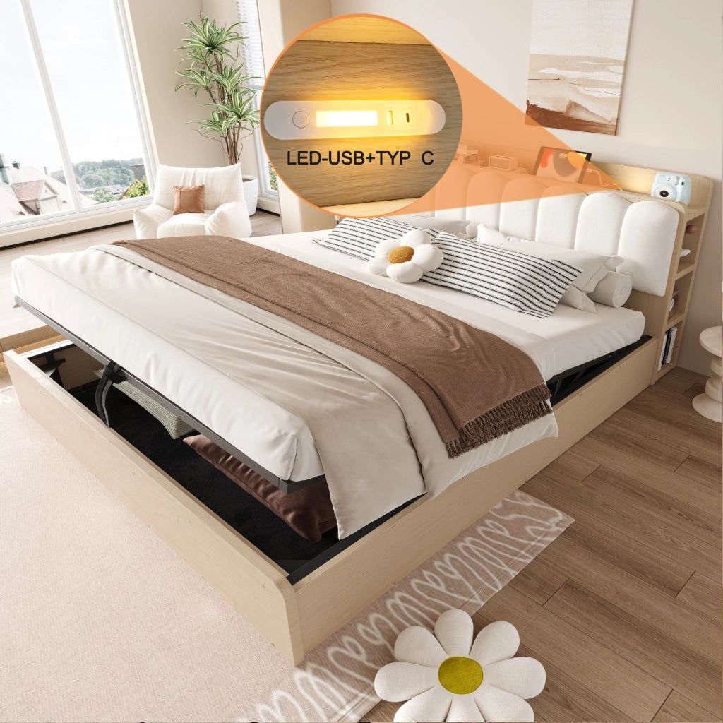LETTO 180x200 cm in legno con contenitore idraulico, testiera imbottita, colore legno naturale