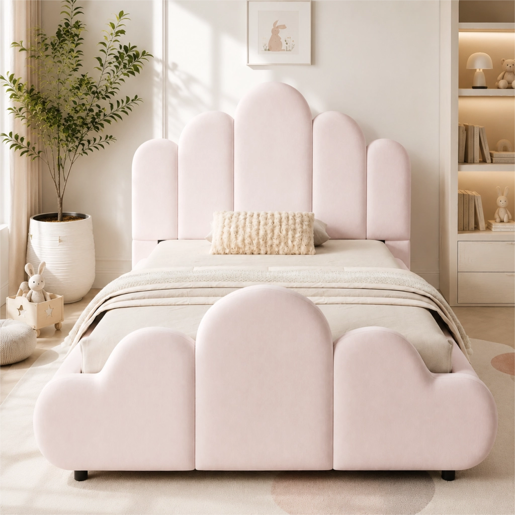 Letto singolo imbottito 90x200 cm in velluto rosa con testiera arrotondata e rete inclusa