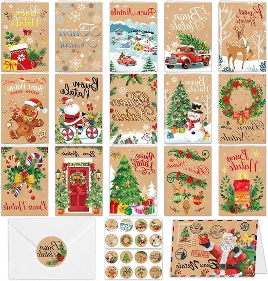 Set di 16 cartoline natalizie con busta e adesivi - Ideale regalo di Natale per bambini, famiglia, amici e colleghi