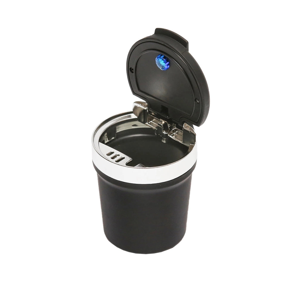 Posacenere universale per auto con fondo in ceramica, nero-argento, con luce LED blu