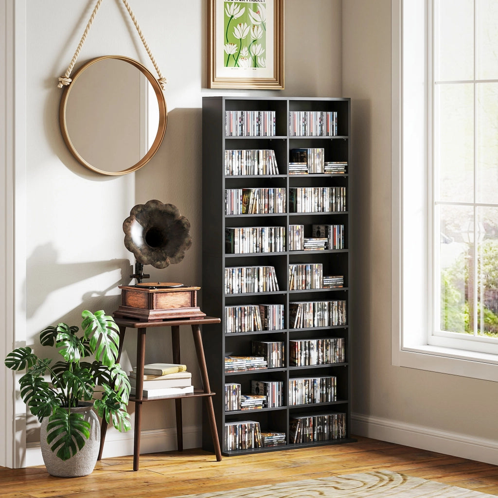 Libreria Porta CD e DVD 78,5x24x175 cm con 14 Ripiani Regolabili Nero