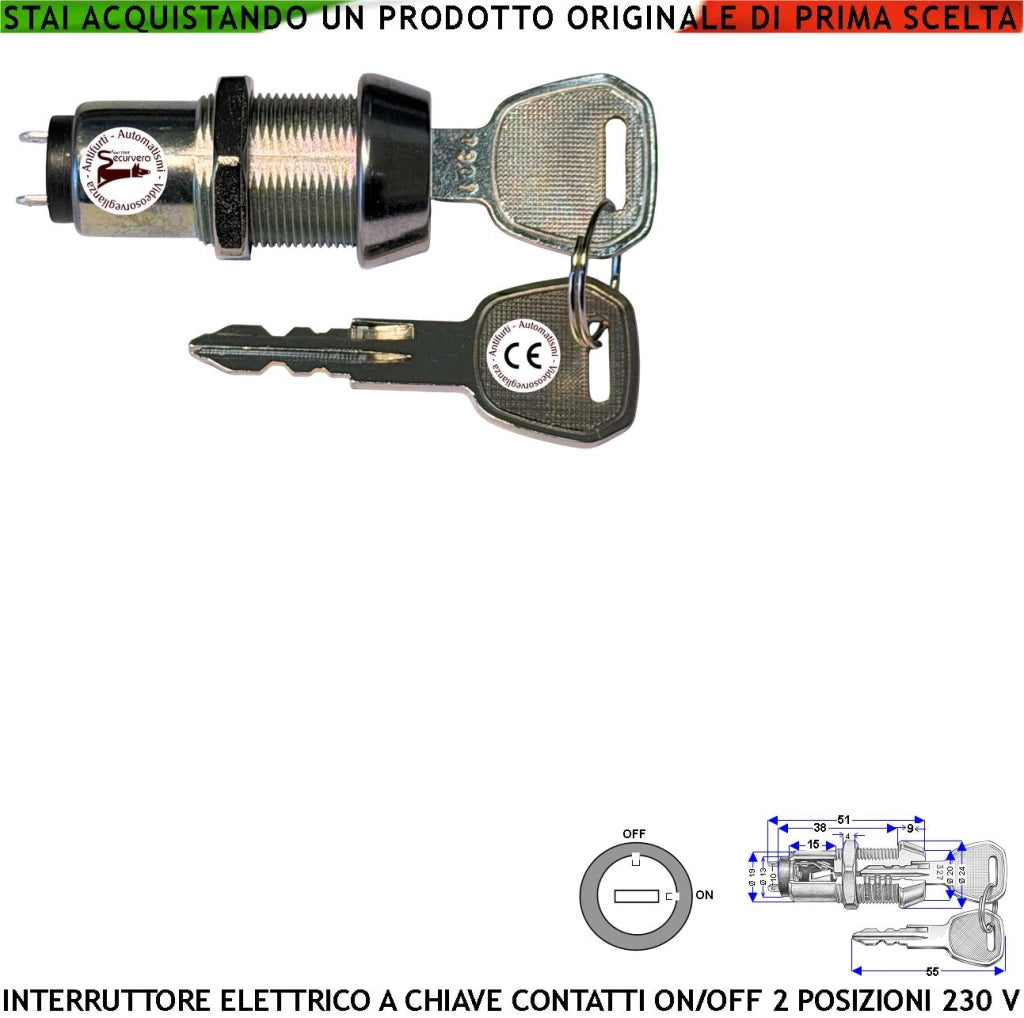 Chiave Sicurezza Per Allarme Doppio Profilo Interruttore 2 Posizioni ON-OFF Contatti NC/NA da 3 A Isolamento 230 V 2 Chiavi Sistema Antimpronta Utile Inserire Disinserire Sirena o Qualsiasi Apparato
