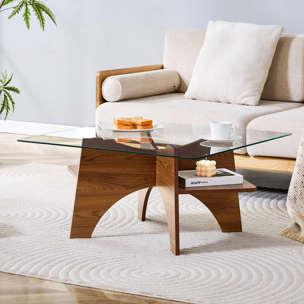 Tavolino da Caff¨¨ Quadrato ¨C MINIMAL ¨C Vetro Temperato e MDF Effetto Noce, 80x80 cm