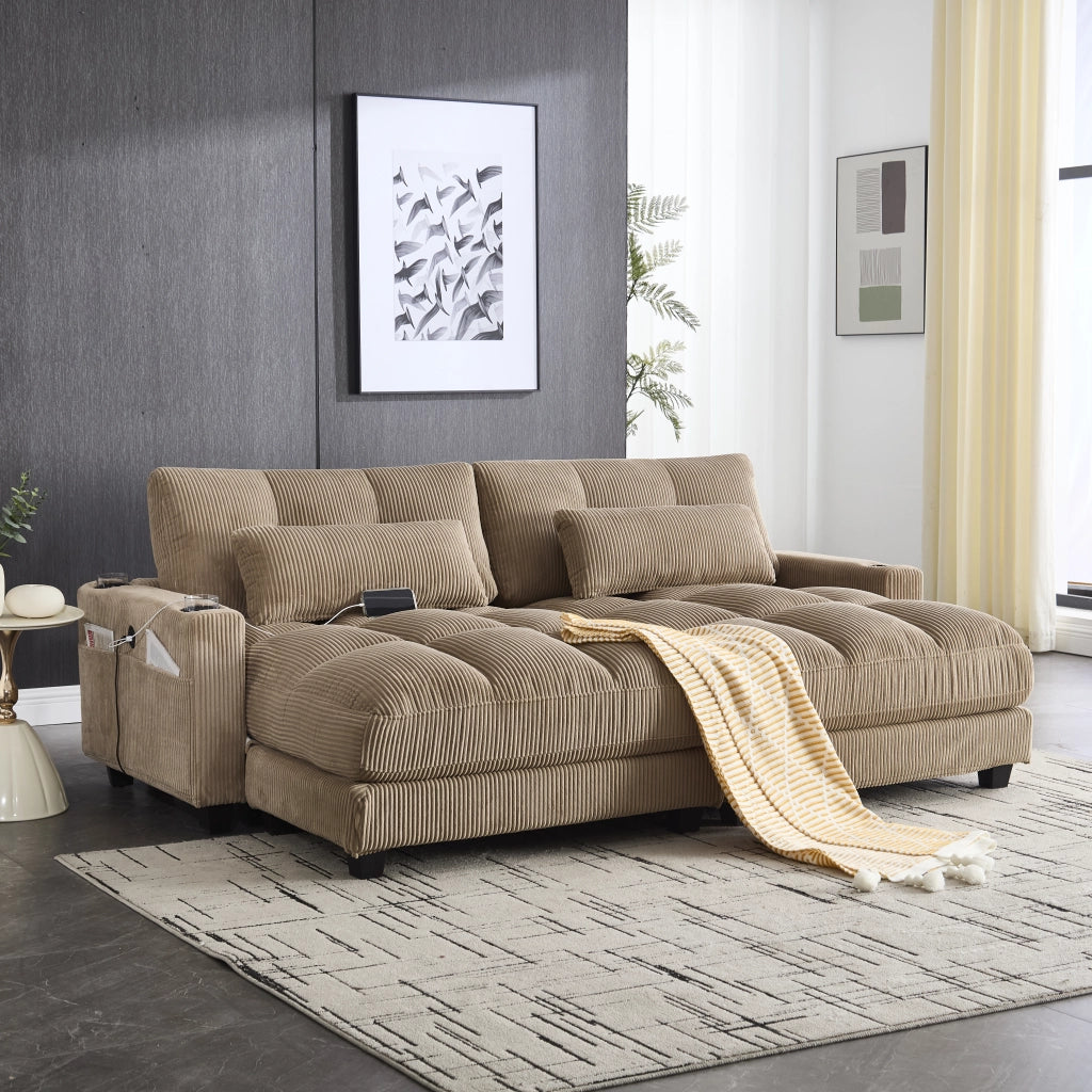 Divano modulare 2 posti in tessuto a coste con portabicchieri, tasche laterali e porte USB, khaki 224 × 140 × 81 cm