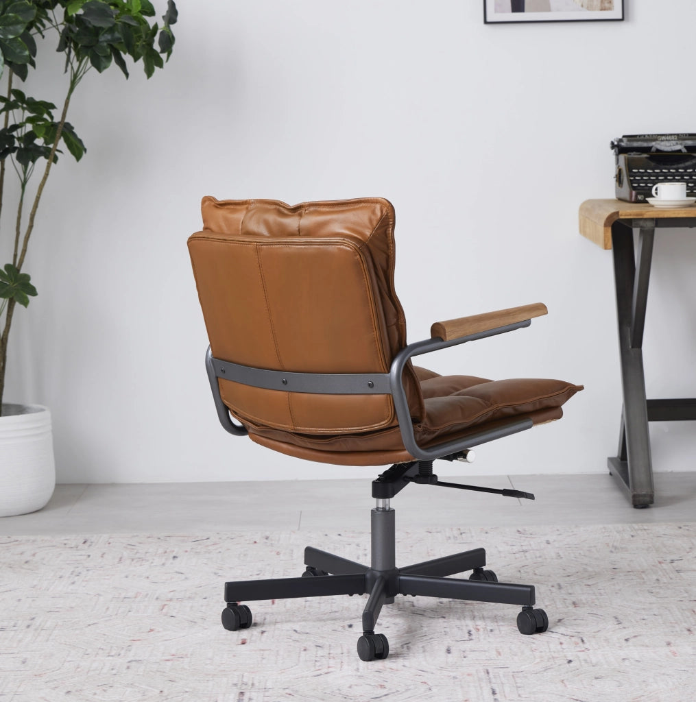 Sedia da ufficio girevole in pelle marrone; ergonomica; regolabile in altezza; design mid-century