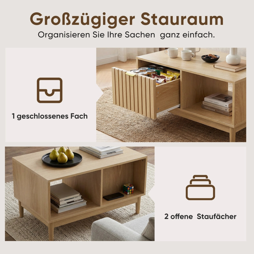 Tavolino da salotto rettangolare 80 cm in stile mid-century; colore rovere; con vani aperti