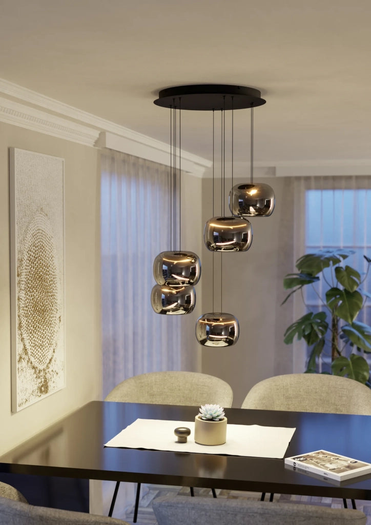 Lampadario Contemporaneo Hortunas Acciaio Nero Trasparente 5 Luci Led 5,8W Ip20