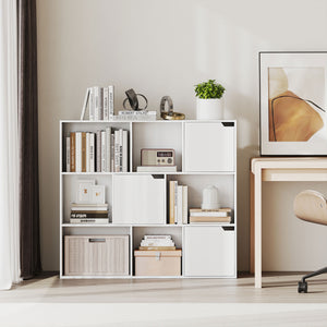 Libreria a Cubi con 6 Sezioni Aperte e 3 Chiuse 106x24x95 cm in Legno Bianco