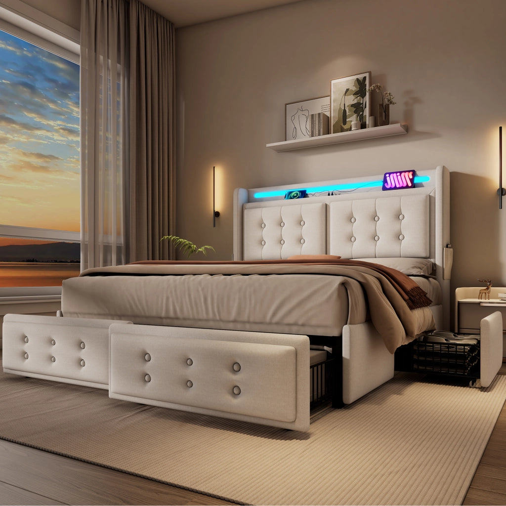 LETTO imbottito 140x200 cm in cotone-lino beige con LED, USB e 4 cassetti
